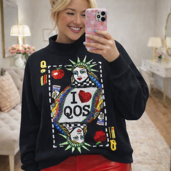 QUEEN OF SPARKLES Black New York City Queen Card Mock Neck Sweatshirt